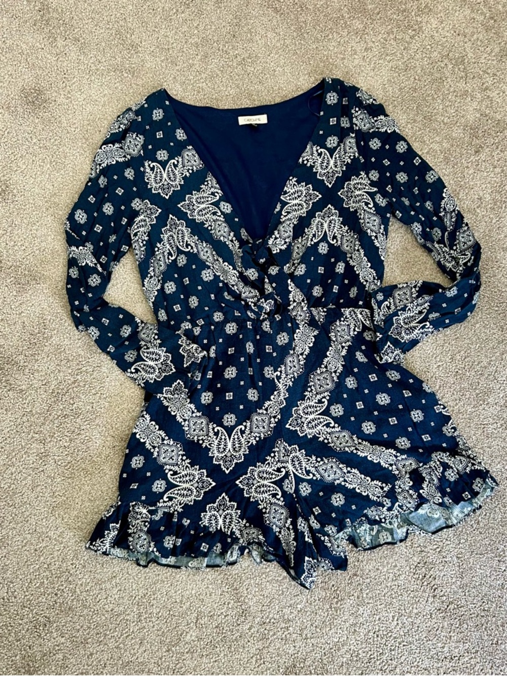 Navy Paisley Romper with Ruffle Hem